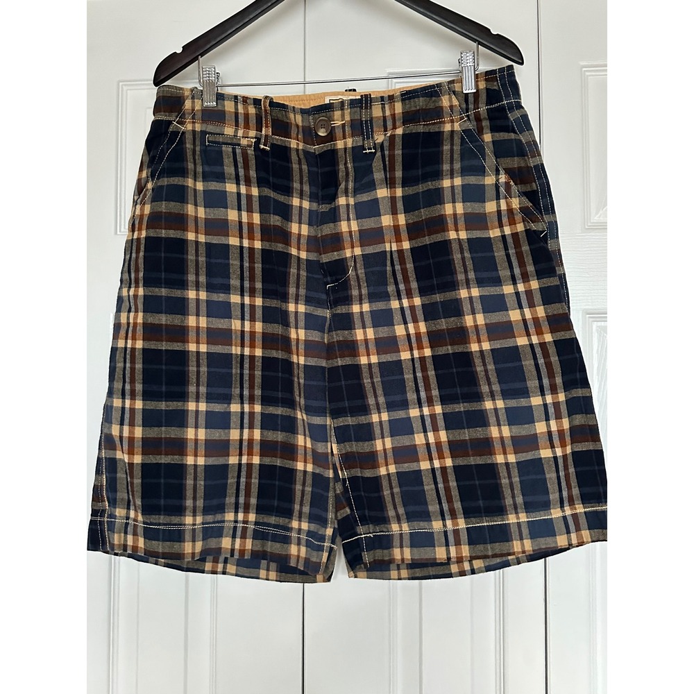 Vintage‎ Plaid Mens Navy Blue Tan Brown Check Cotton Shorts Size 36 Heavy Washed
